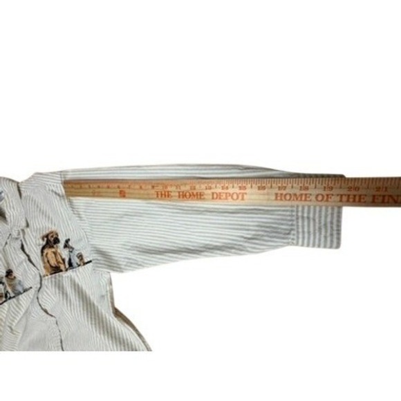 "Casey Coleman" Striped Button Down Shirt Embroid. Dog Tan White NO SIZE TAG L? - Picture 8 of 10